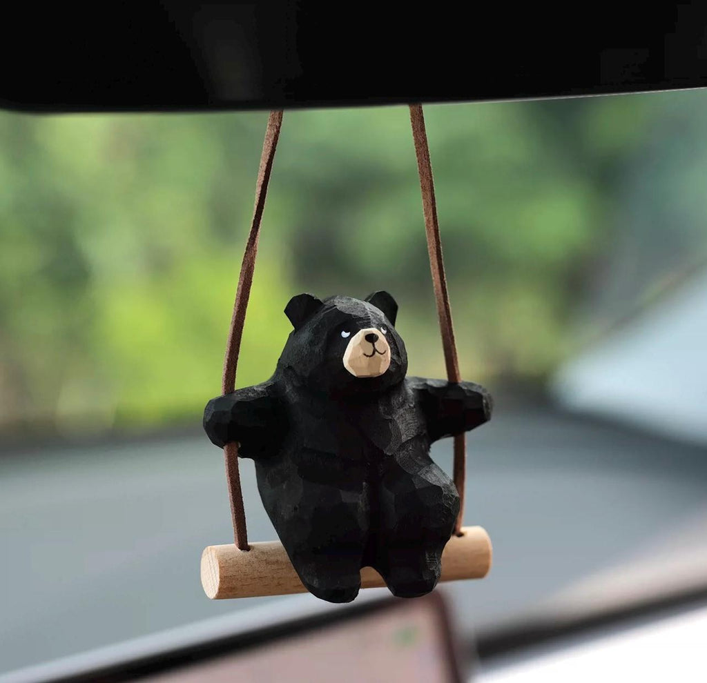Hand-Carved Wooden Bear Swing Charm, Rolling eye Animal Car Hanging Ornament, Bag Keychain Pendant, Rustic Forest Decor Gift