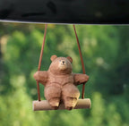 Wooden Hand-Carved Bear Swing Car Hanging Ornament, Cute Wooden Animal Rearview Mirror Charm, Handmade Car Decor, Bag Charm, Keychain Gift