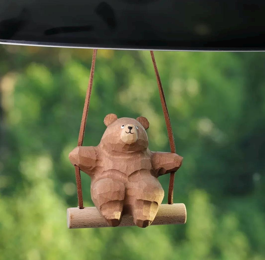 Wooden Hand-Carved Bear Swing Car Hanging Ornament, Cute Wooden Animal Rearview Mirror Charm, Handmade Car Decor, Bag Charm, Keychain Gift