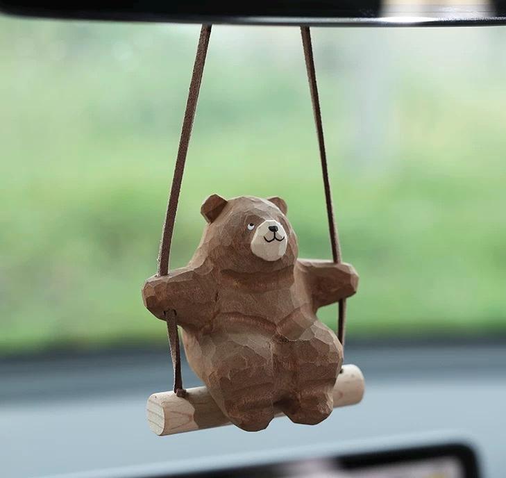 Wooden Hand-Carved Bear Swing Car Hanging Ornament, Cute Wooden Animal Rearview Mirror Charm, Handmade Car Decor, Bag Charm, Keychain Gift