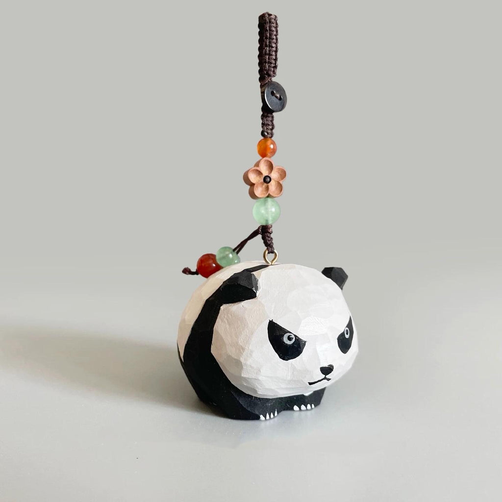 Japanese Style Angry Panda Wood Carving Keychain, Handmade Animal Charm, Cute Panda Bag Charm, Wooden Car Accessory, Gift for Her
