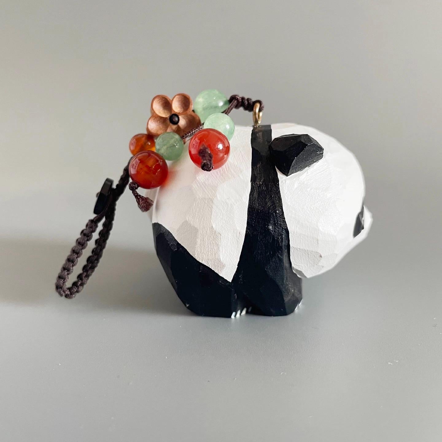 Japanese Style Round Panda Wood Carving Keychain, Handmade Panda Charm, Cute Animal Bag Charm, Wooden Key Holder, Car Hanging Decor Gift