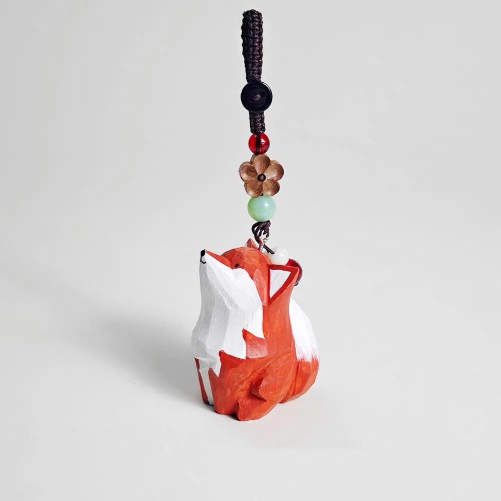 Hand Carved Wooden Fox Keychain, Minimalist Animal Bag Charm with Beaded Cord, Handmade Wood Fox Pendant for Backpack, Gift for Friends