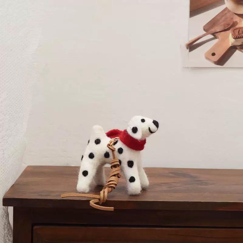 Handmade Wool Felt Dalmatian Dog Keychain, Spotted Puppy with Red Scarf, Animal Bag Charm
