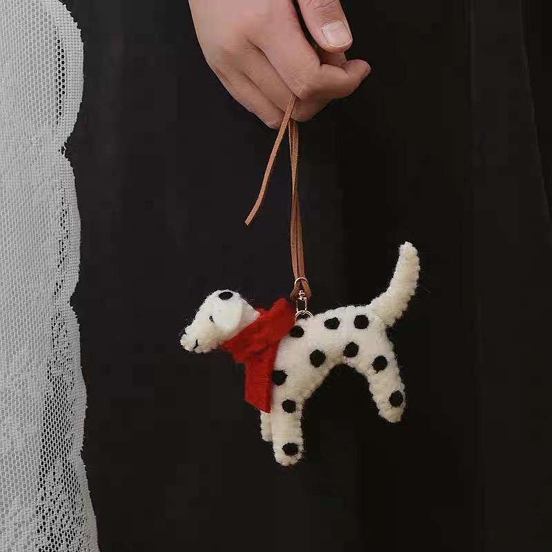 Handmade Wool Felt Dalmatian Dog Keychain, Spotted Puppy with Red Scarf, Animal Bag Charm