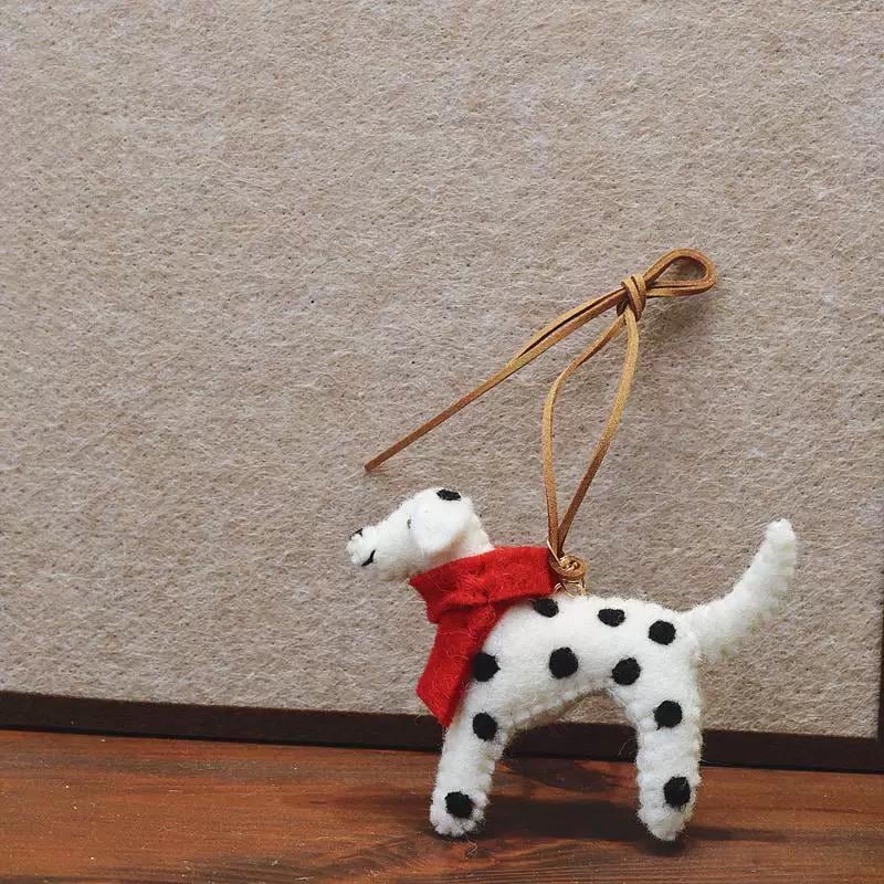 Handmade Wool Felt Dalmatian Dog Keychain, Spotted Puppy with Red Scarf, Animal Bag Charm