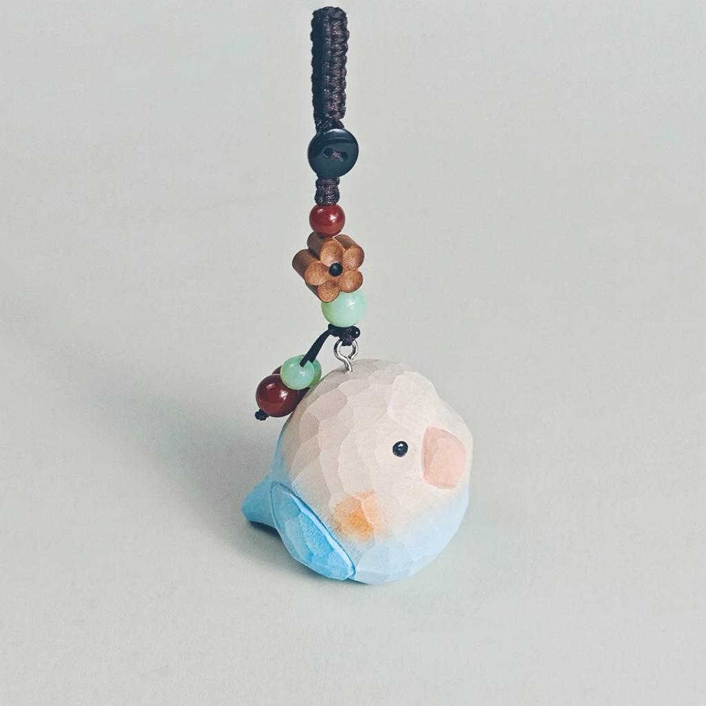 Japanese Handmade Wooden Blue Bird Keychain, Cute Bird Wood Carving Bag Charm, Kawaii Animal Pendant Key Chain, Lucky Gift for Her