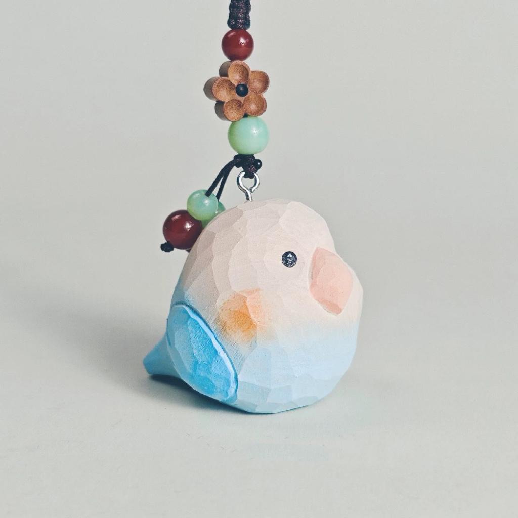 Japanese Handmade Wooden Blue Bird Keychain, Cute Bird Wood Carving Bag Charm, Kawaii Animal Pendant Key Chain, Lucky Gift for Her