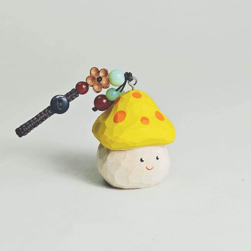 Hand Carved Wooden Mushroom Keychain, Cute Kawaii Mushroom Charm, Woodland Pendant, Healing Gift, Bag Charm Accessory