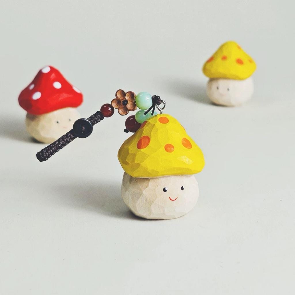 Hand Carved Wooden Mushroom Keychain, Cute Kawaii Mushroom Charm, Woodland Pendant, Healing Gift, Bag Charm Accessory