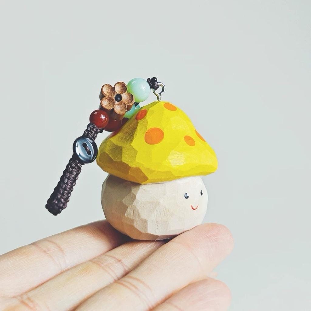 Hand Carved Wooden Mushroom Keychain, Cute Kawaii Mushroom Charm, Woodland Pendant, Healing Gift, Bag Charm Accessory