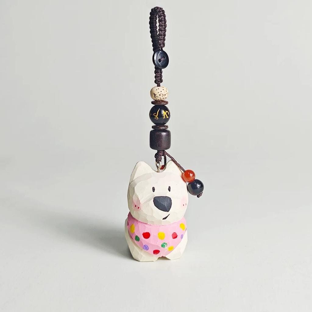 Japanese Hand Carved Wooden West Highland Terrier Keychain, Westie Dog Charm, Cute Animal Pendant, Bag Charm, Car Keychain Gift