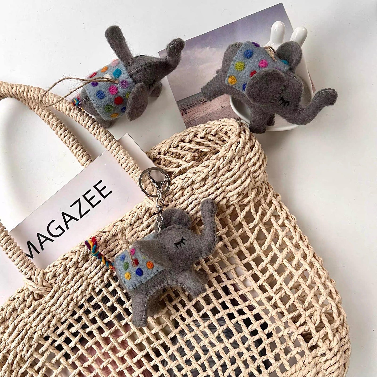 Japanese Style Felt Elephant Keychain, Handmade Wool Elephant Bag Charm, Cute Grey Elephant Pendant, Car Keychain, Gift for Animal Lovers