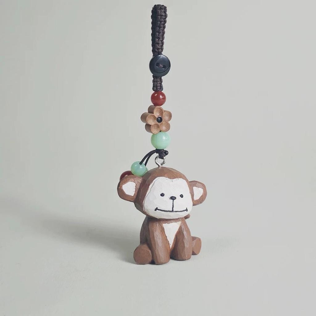 Japanese Style Monkey Wood Carving Keychain, Hand Carved Zodiac Monkey, Cute Wooden Monkey Bag Charm, Car Keychain, Gift for Animal Lovers