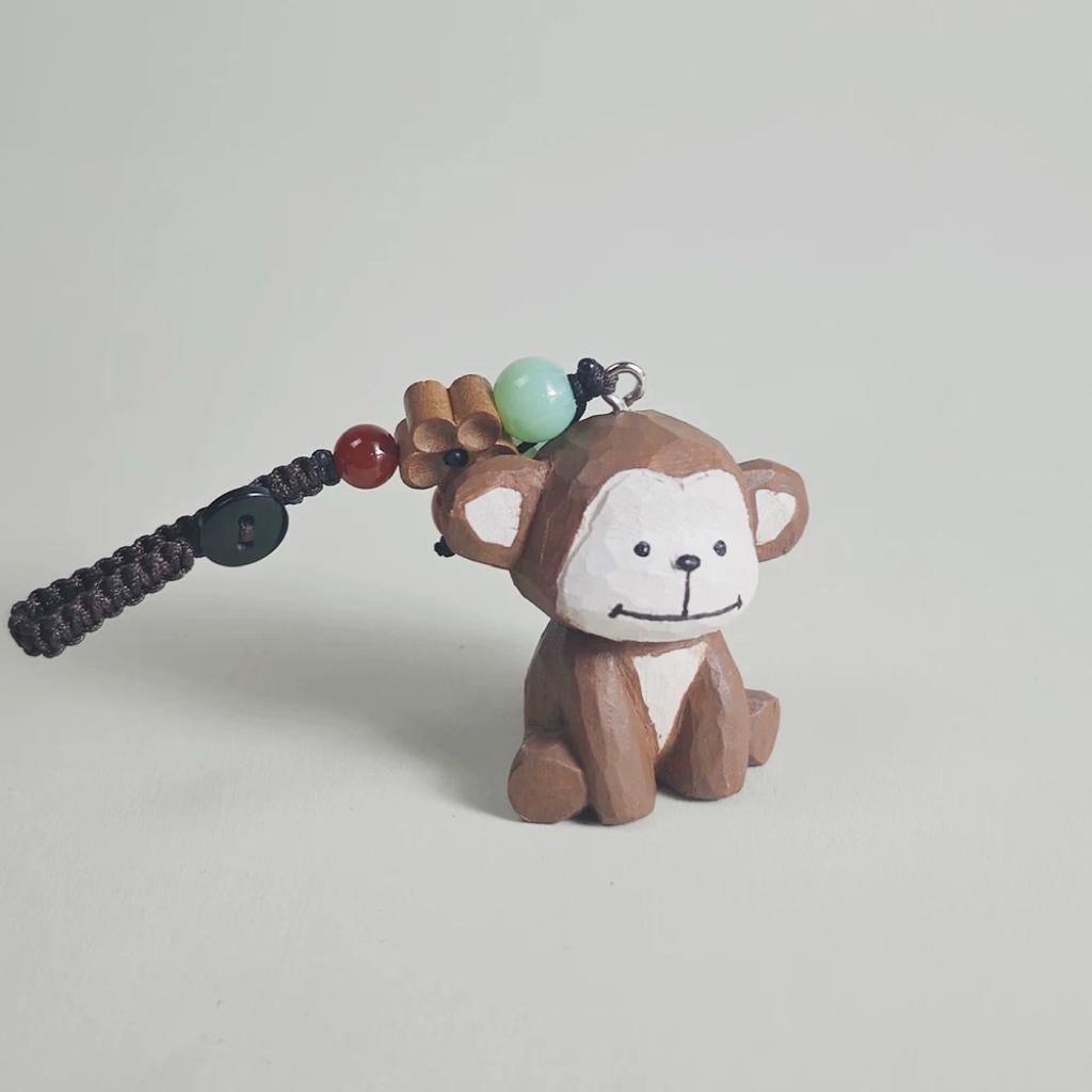 Japanese Style Monkey Wood Carving Keychain, Hand Carved Zodiac Monkey, Cute Wooden Monkey Bag Charm, Car Keychain, Gift for Animal Lovers