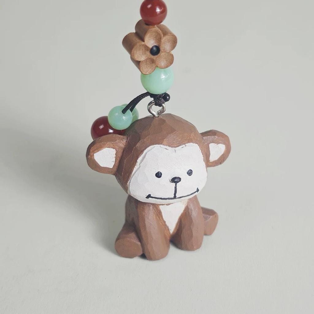 Japanese Style Monkey Wood Carving Keychain, Hand Carved Zodiac Monkey, Cute Wooden Monkey Bag Charm, Car Keychain, Gift for Animal Lovers