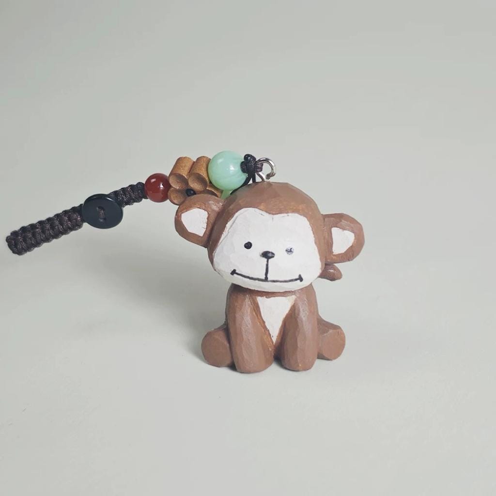 Japanese Style Monkey Wood Carving Keychain, Hand Carved Zodiac Monkey, Cute Wooden Monkey Bag Charm, Car Keychain, Gift for Animal Lovers