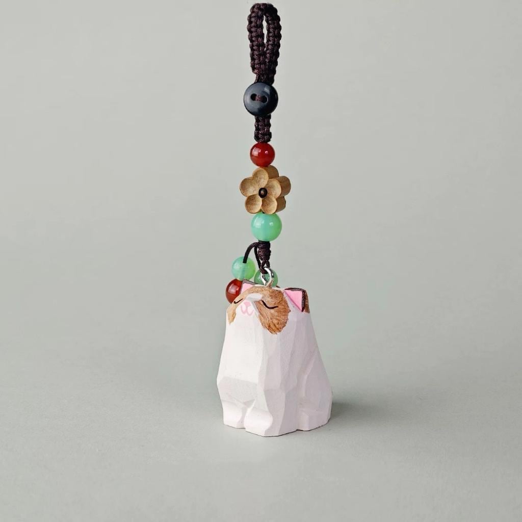 Japanese Kawaii Cat Wood Carving Keychain, Cute Pink Cat Charm, Hand Carved Wooden Cat Bag Charm, Feminine Cat Keychain Gift for Her