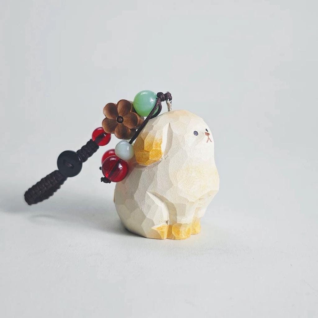 Japanese Style Golden Retriever Puppy Wood Carving Keychain, Hand Carved Linden Wood Dog Charm, Cute Dog Bag Charm, Wooden Key Ring Gift