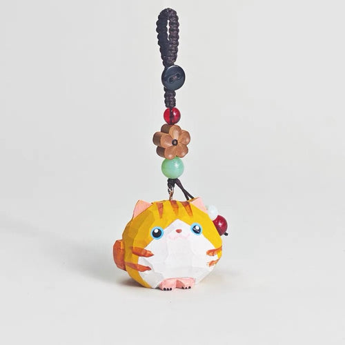 Japanese Style Orange Tabby Cat Wood Carving Keychain, Cute Round Kitten Linden Wood Charm, Handmade Bag Charm Key Ring Gift for Her