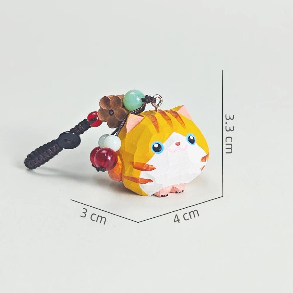 Japanese Style Orange Tabby Cat Wood Carving Keychain, Cute Round Kitten Linden Wood Charm, Handmade Bag Charm Key Ring Gift for Her