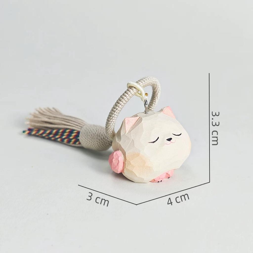 Japanese Style Silver Shaded Cat Wood Carving Keychain, Round Handmade Linden Wood Cat Charm, Cute Kitten Bag Charm, Wooden Pet Gift for Her