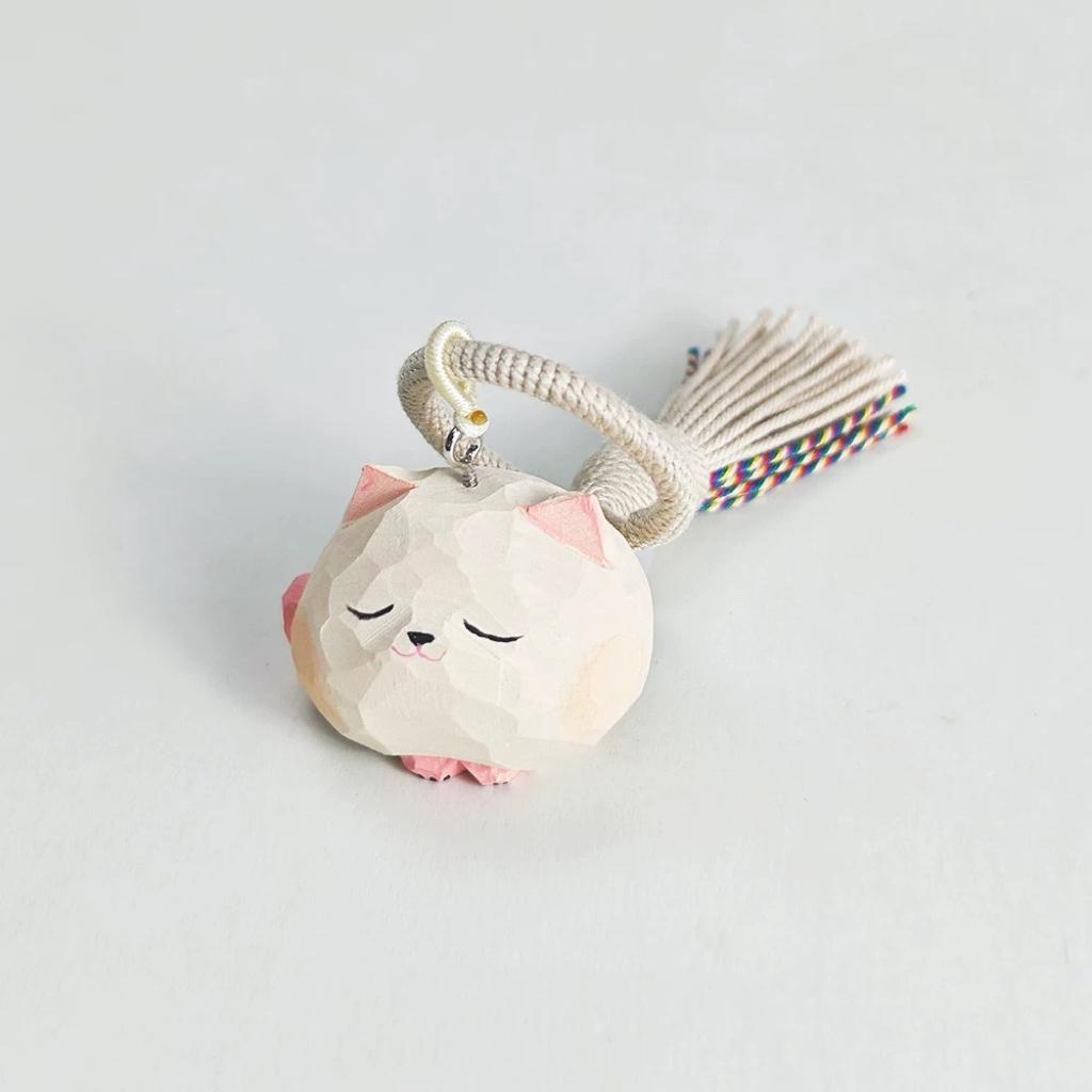 Japanese Style Silver Shaded Cat Wood Carving Keychain, Round Handmade Linden Wood Cat Charm, Cute Kitten Bag Charm, Wooden Pet Gift for Her