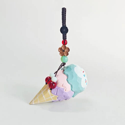 Japanese Style Ice Cream Wood Carving Keychain, Handmade Wood Ice Cream Cone Charm, Cute Dessert Bag Charm Key Ring Gift for Her