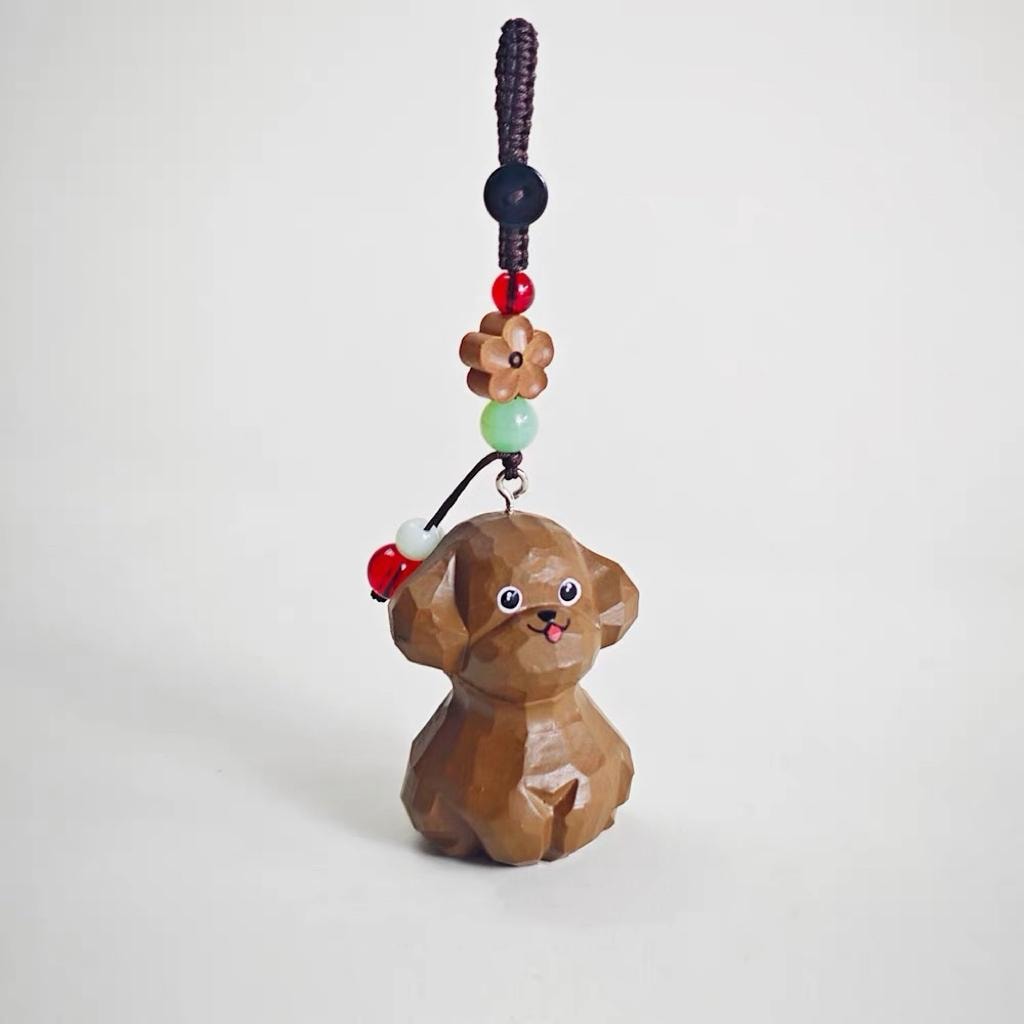 Japanese Style Toy Poodle Wood Carving Keychain, Brown Poodle Handmade Linden Wood Dog Charm, Cute Puppy Bag Charm Gift for Dog Lovers