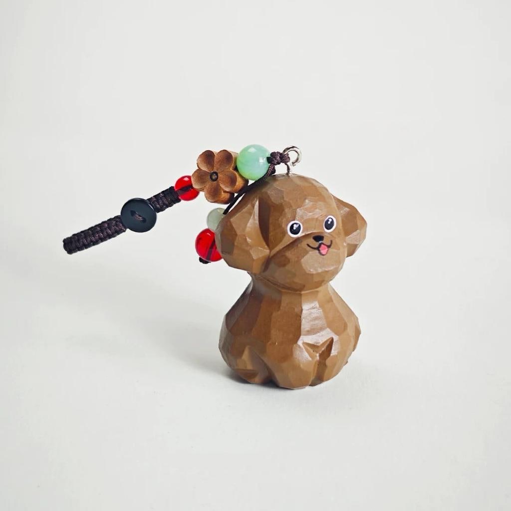 Japanese Style Toy Poodle Wood Carving Keychain, Brown Poodle Handmade Linden Wood Dog Charm, Cute Puppy Bag Charm Gift for Dog Lovers