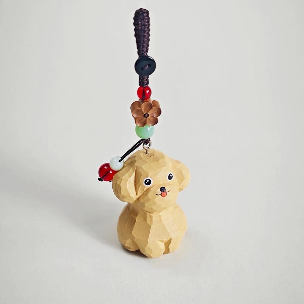 Japanese Wooden Teddy Dog Keychain Pendant, Hand Carved Puppy Bag Charm, Cute Animal Charm, Kawaii Dog Key Ring, Small Gift for Her