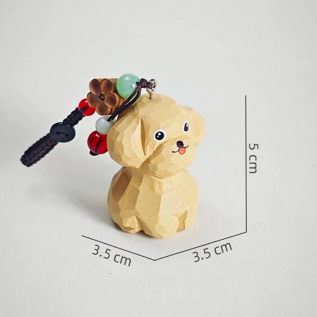 Japanese Wooden Teddy Dog Keychain Pendant, Hand Carved Puppy Bag Charm, Cute Animal Charm, Kawaii Dog Key Ring, Small Gift for Her