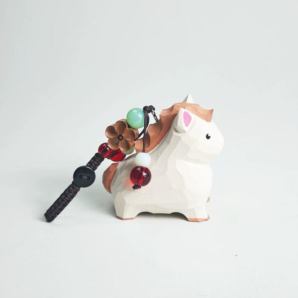 Japanese Wooden White Horse Keychain Pendant, Hand Carved Zodiac Horse Charm, Cute Animal Bag Charm, Small Horse Key Ring Gift for Her