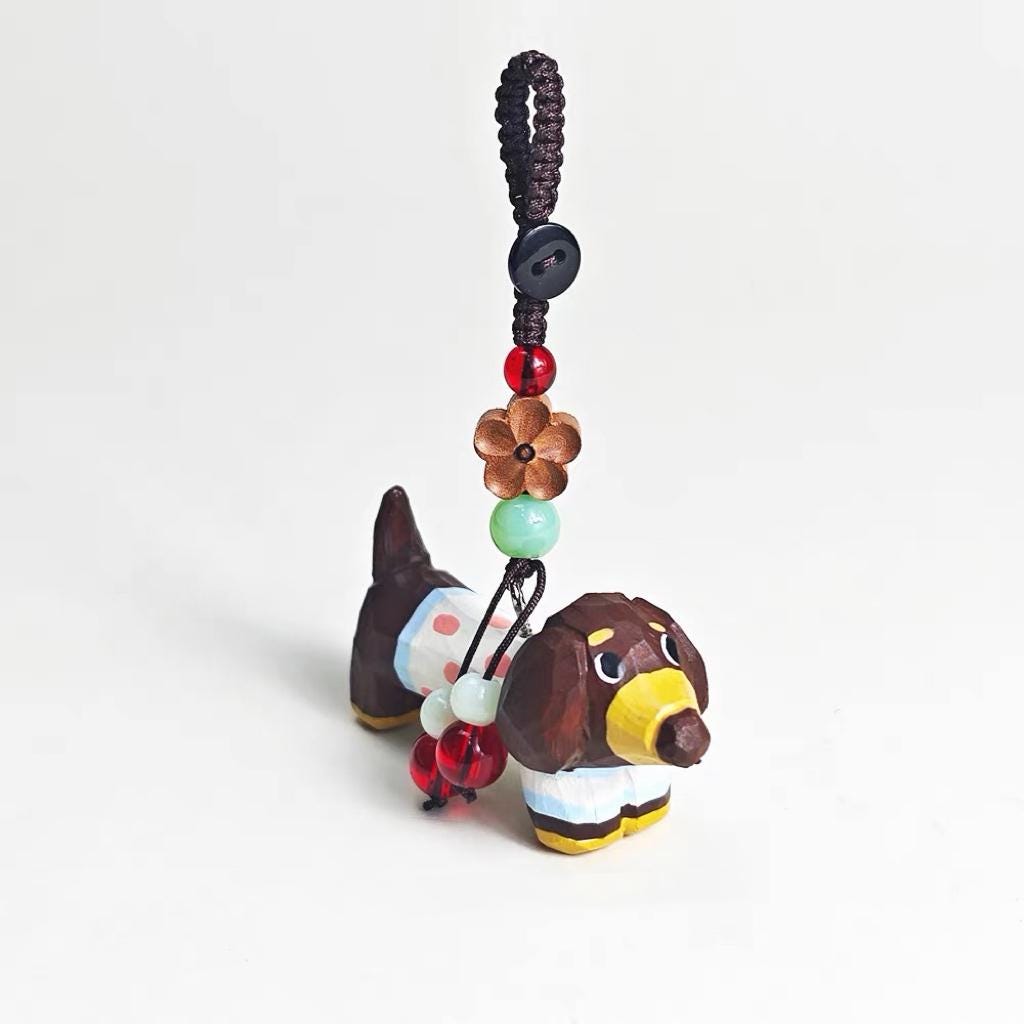 Japanese Style Wooden Dachshund Keychain Pendant, Hand Carved White Sausage Dog Charm, Cute Bag Charm, Car Keychain Gift