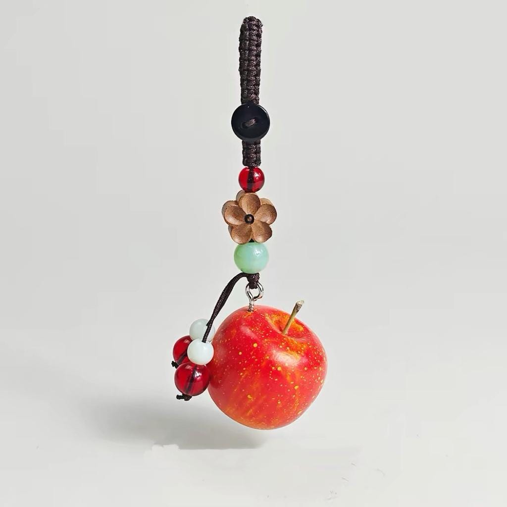 Japanese Style Wooden Apple Keychain Pendant, Hand Carved Fruit Charm, Lucky Apple Bag Charm, Cute Kawaii Keychain, Gift for Her