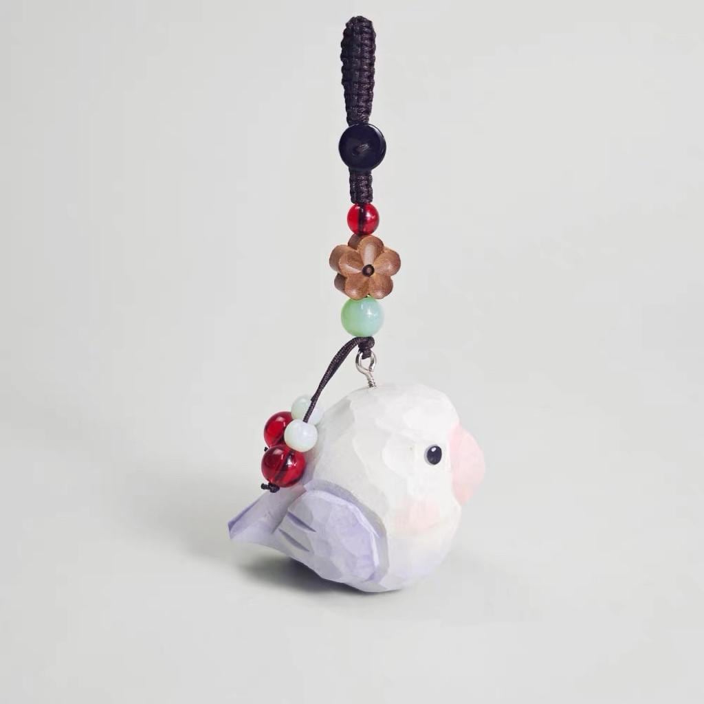 Japanese Style Wooden Parrot Keychain Pendant, Hand Carved Purple Bird Charm, Cute Animal Bag Charm, Spiritual Bead Pendant, Gift for Her