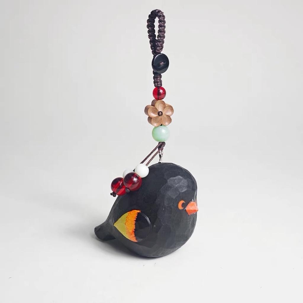 Japanese Style Wooden Black Bird Keychain Pendant, Hand Carved Cute Bird Charm, Minimal Animal Bag Charm, Gift Ready Pendant for Her