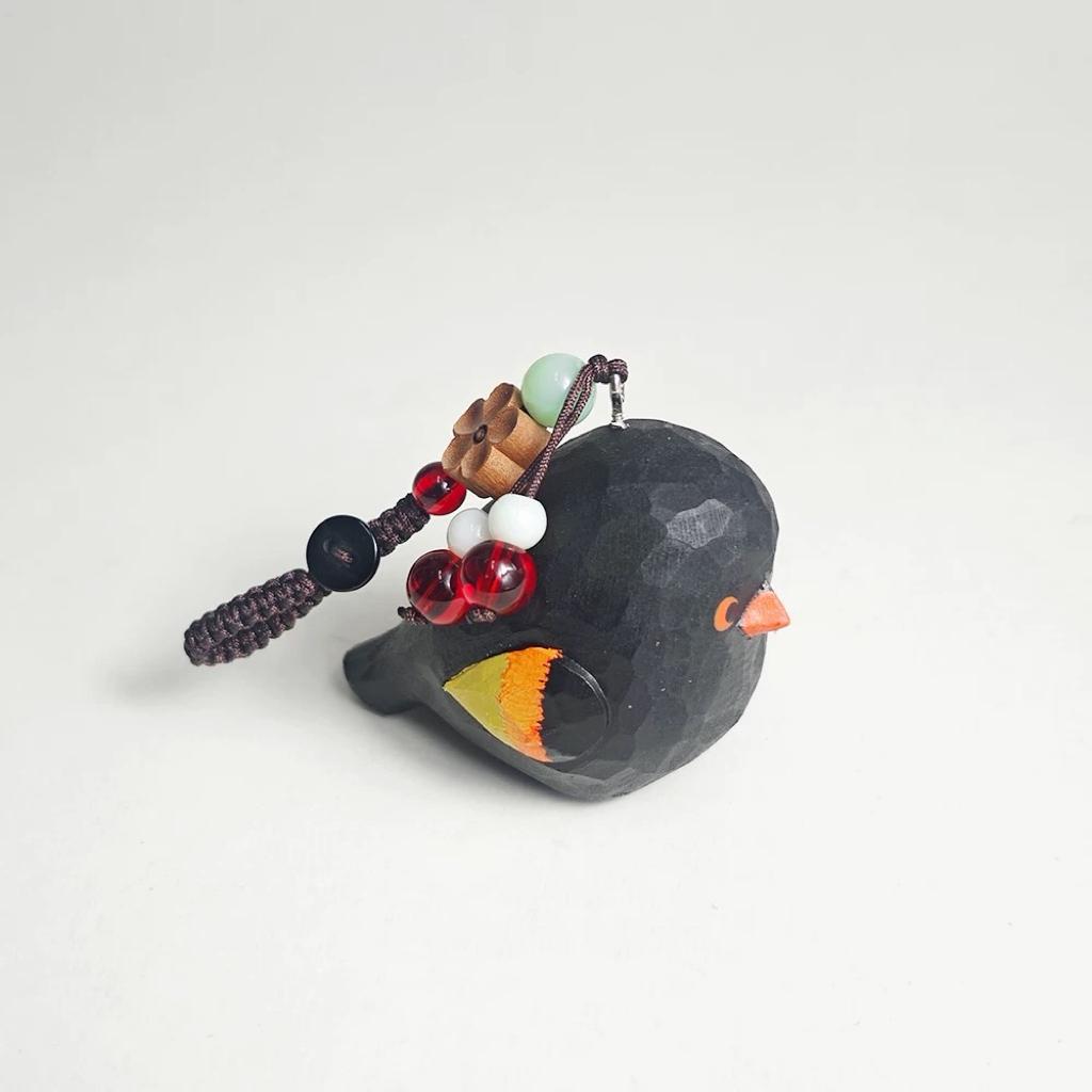 Japanese Style Wooden Black Bird Keychain Pendant, Hand Carved Cute Bird Charm, Minimal Animal Bag Charm, Gift Ready Pendant for Her