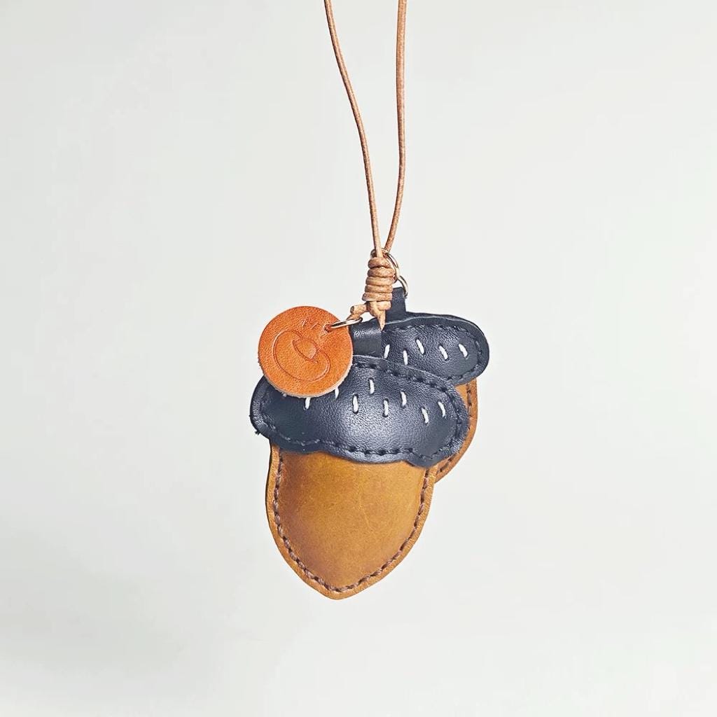 Leather Acorn Keychain Pendant, Handmade Bag Charm, Car Rear Mirror Hanging Ornament, Cute Nature Keyring, Aesthetic Gift for Her