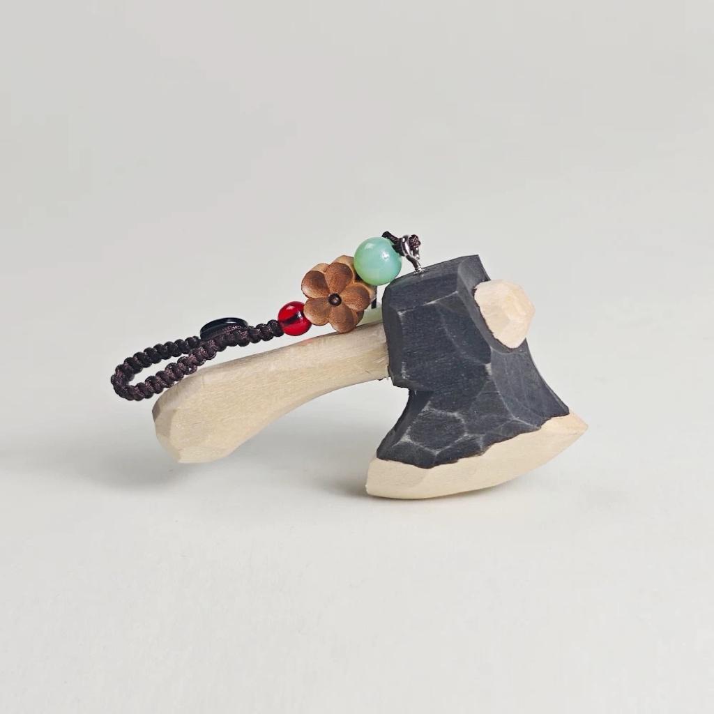 Hand Carved Wooden Axe Keychain, Mini Axe Bag Charm, Handmade Wood Pendant, Rustic Keyring, Unique Gift for Him or Her