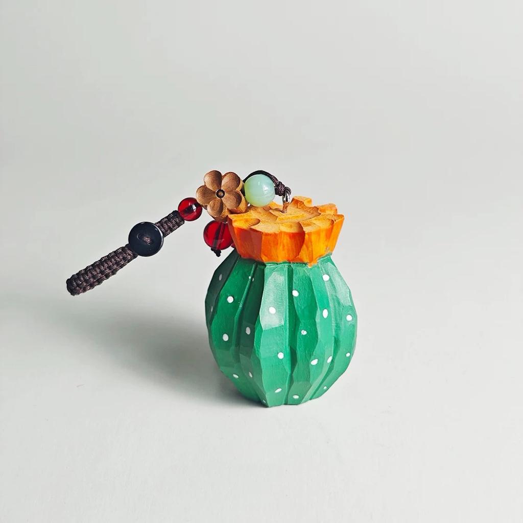 Cactus Keychain, Handmade Wooden Succulent Charm, Cute Plant Keyring, Bag Pendant, Car Rear Mirror Hanging Ornament, Gift for Plant Lover