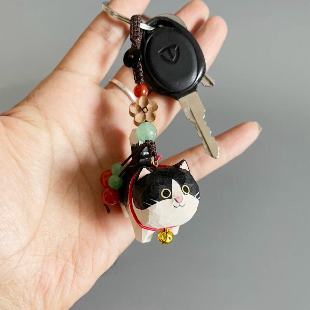 Japanese Handmade Wooden Chubby Cat Keychain, Bag Charms, Animal Bag Pendant, Car Rear Mirror Hanging Ornament, Cat Lover Gift
