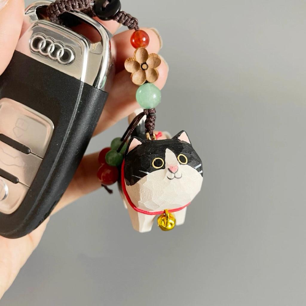 Japanese Handmade Wooden Chubby Cat Keychain, Bag Charms, Animal Bag Pendant, Car Rear Mirror Hanging Ornament, Cat Lover Gift