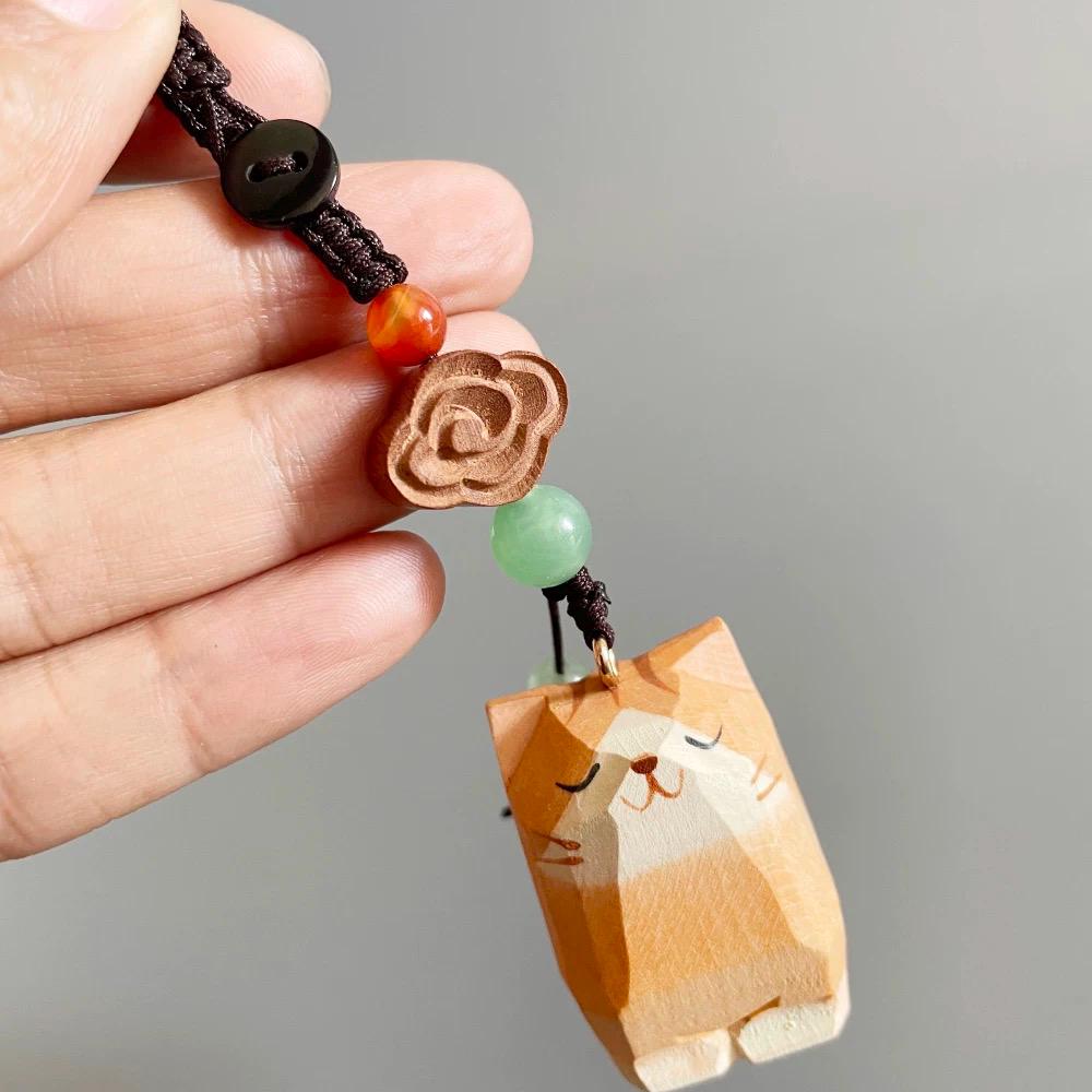 Japanese Style Wooden Cat Pendant, Hand Carved Lucky Cloud Cat Keychain, Cute Cat Bag Charm, Phone Charm, Animal Keychain Gift