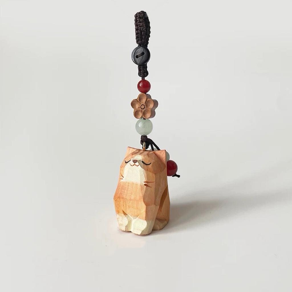 Japanese Style Wooden Cat Pendant, Hand Carved Lucky Cloud Cat Keychain, Cute Cat Bag Charm, Phone Charm, Animal Keychain Gift