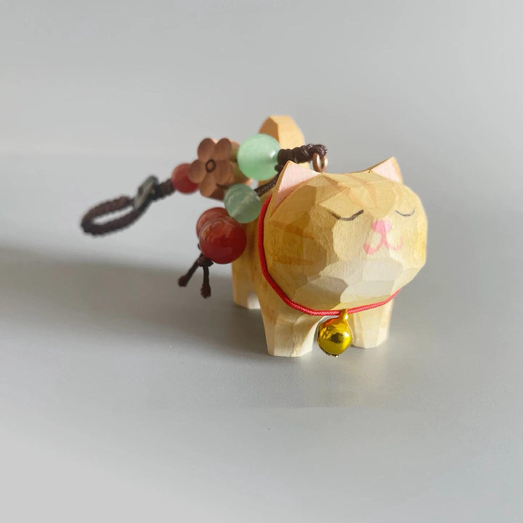 Japanese Style Wooden Lucky Cat Keychain, Hand Carved Golden Cat Pendant, Cute Cat Bag Charm, Animal Keychain, Phone Charm Gift