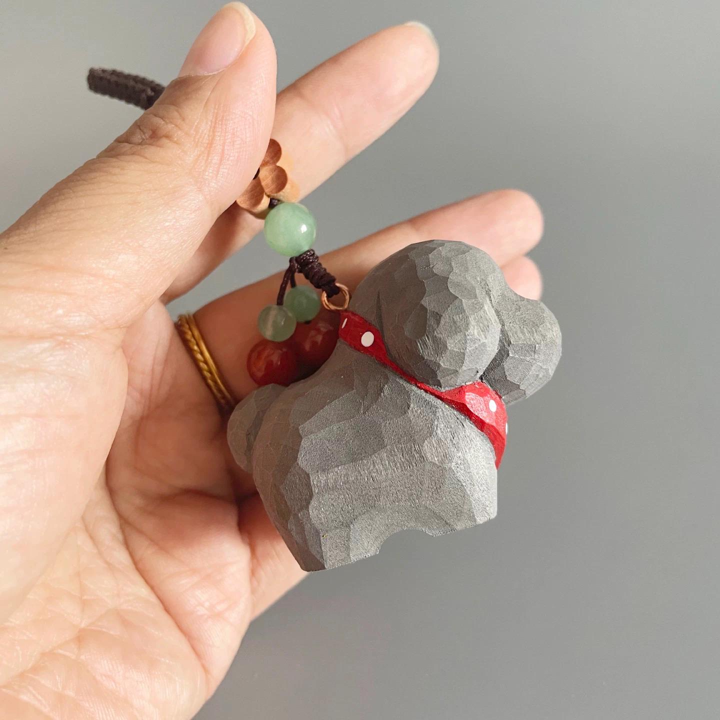 Japanese Style Wooden Poodle Keychain, Hand Carved Teddy Dog Charm, Cute Dog Bag Charm, Mini Dog Figurine Pendant, Gift for Dog Lovers
