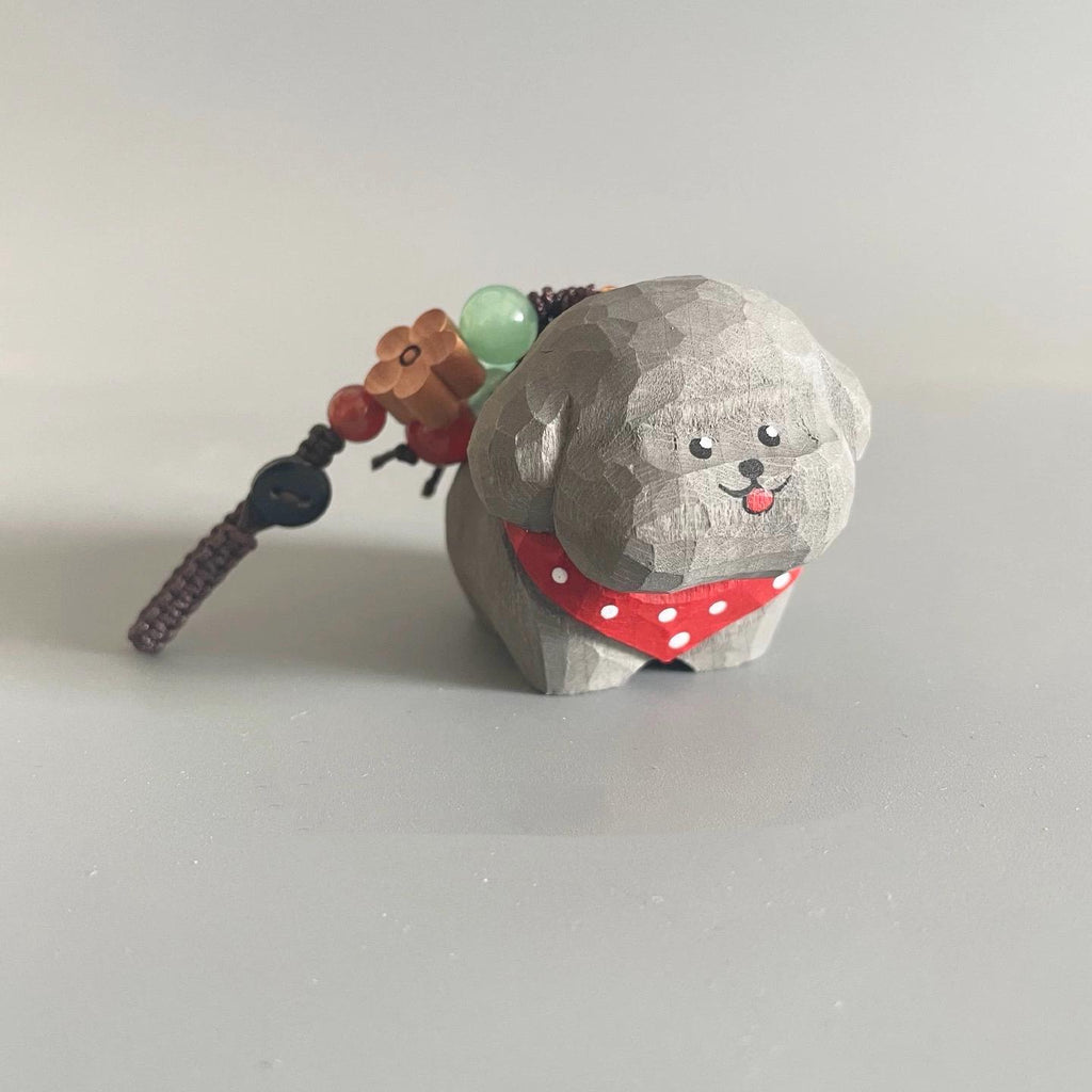 Japanese Style Wooden Poodle Keychain, Hand Carved Teddy Dog Charm, Cute Dog Bag Charm, Mini Dog Figurine Pendant, Gift for Dog Lovers