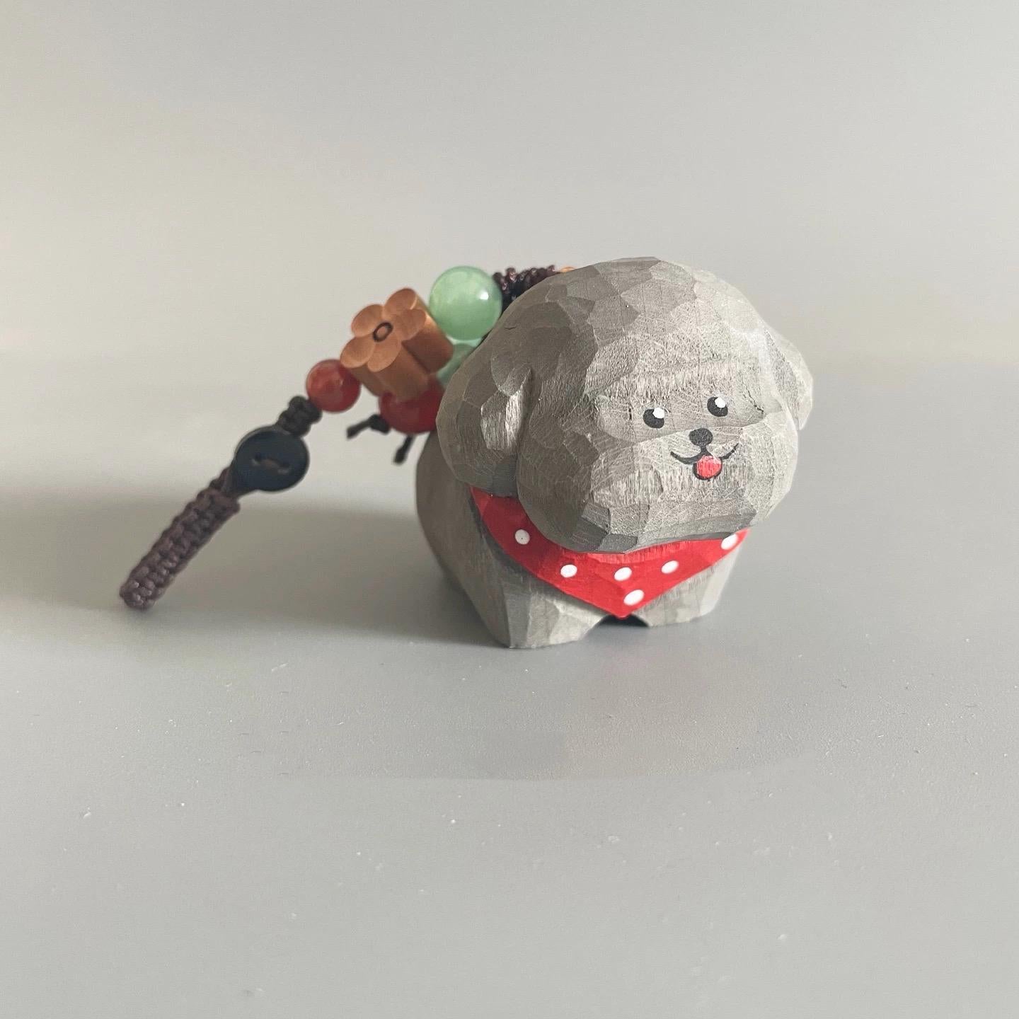 Japanese Style Wooden Poodle Keychain, Hand Carved Teddy Dog Charm, Cute Dog Bag Charm, Mini Dog Figurine Pendant, Gift for Dog Lovers