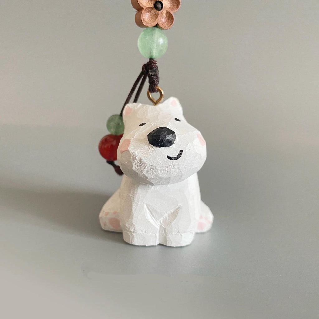 Japanese Style Wooden West Highland Terrier Keychain, Hand Carved White Dog Pendant, Cute Westie Dog Bag Charm, Mini Dog Figurine Gift